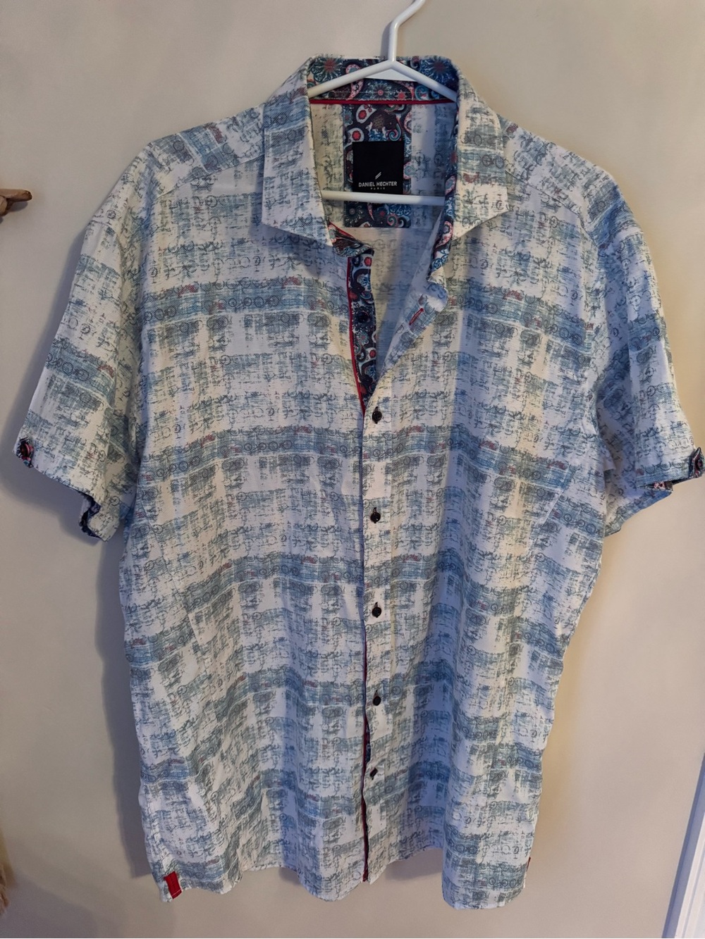Daniel Hechter White and Light Blue Bicyc Patterned Short-Sleeve Button-Up Shirt